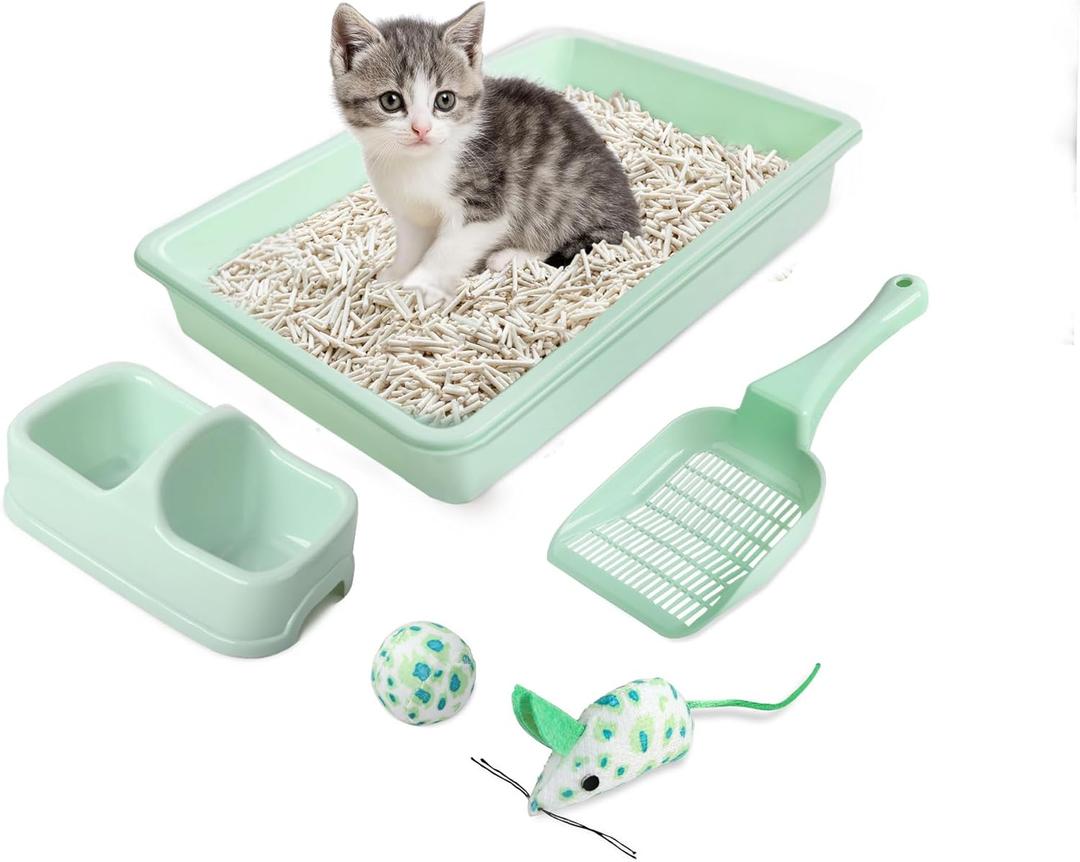 PAWISE Cat Litter Box Set, Small Kitten Starter Kit, Includes Litter Box, Litter Scoop, Double Dish Feeding Bowl, Cat Mouse Toy, Kitty Ball Toy, Green