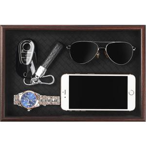 Zosenley Wooden Valet Tray with Leather Base - Nightstand Catchall Organizer for Cologne, Perfume, Keys, Wallet, Phone, Watch, Jewelry & Sunglasses (Black)