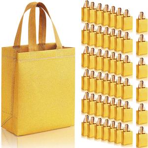 Woanger 48 Pack Christmas Glitter Gift Bags with Handle Reusable Goodie Bags Non Woven Glitter Bling Tote for Wedding Birthday Bridal Shower Holiday Party(6.5 x 3.1 x 7.8 Inch,Gold)