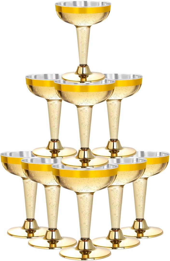 Lullaby 50PCS 5oz Plastic Champagne Coupe Glasses with Gold Rim, Elegant Plastic Champagne Glasses, Unbreakable and Crystal Clear, Perfect for Weddings, Parties, Birthdays, and Special Occasions