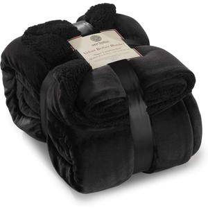 Sherpa Throw Blanket Super Soft Reversible Ultra Luxurious Plush Blanket, 90 x 90 inches, Black/Black, Queen