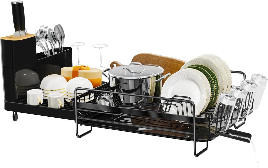 Runnatal Dish Drying Rack Extendable, Large Dish Rack with Drainboard, Utensil Holder, Cup Holder, Expandable Dish Drainer for Kitchen Counter, 20.5"-27.6" L x 12.6" W