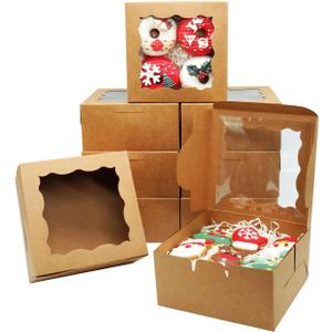 50 Pack Cookie Boxes 6x6x3 Inch Bakery Boxes with Window Treat Box Dessert Box for Macaron Mini Cake Chocolate Covered Strawberries Pastry -Kraft Paper (Pack of 50, Brown)