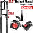 Dual Crown MTB Air Fork 27.5/29 Inch (Fits 2.5" Tire) - 150mm Travel, Rebound Adjust, 32mm Stanchions, 15x100mm/9x100mm Axle for E-Bike & Downhill