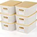 Plastic Storage Baskets With Bamboo Lid - Plastic Storage Containers Stackable Storage bins: Storage Baskets for Organizing Shelves Drawers Desktop Closet Playroom Classroom Office, 6 Pack (Cream White)