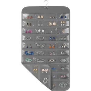 Hanging Jewelry Organizer for Closet with Swiveling Hanger, 17 x 30 In, 80 Clear Pockets Jewelry Organizer Hanging for Jewelries, Earrings, Accessories (Beige) (1, Gray)