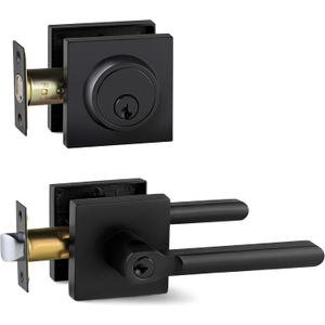 Berlin Modisch Entry Lever Door Handle and Single Cylinder Deadbolt Lock and Key Slim Square Locking Lever Handle Set [Front Door or Office] Right & Left Sided Doors Heavy Duty  Iron Black Finish