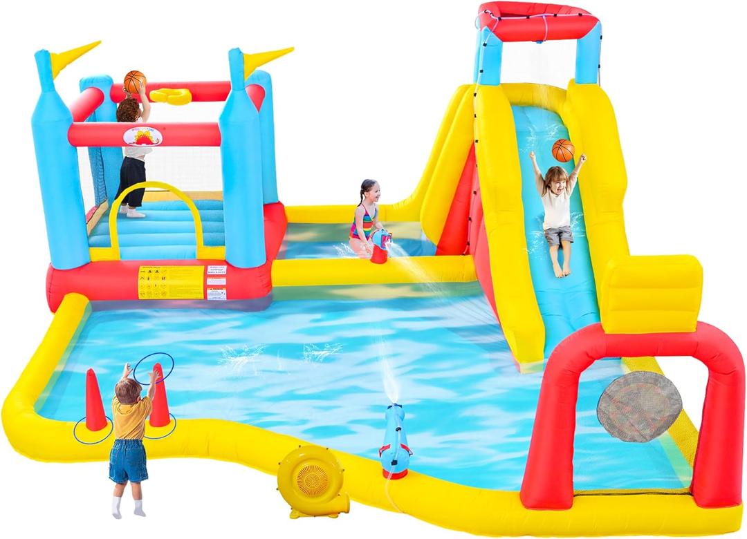 WELLFUNTIME Inflatable Water Slide with Blower, Bouncy Castle with Climbing Wall, Dual Basketball Hoops, Dartboard, Ring Toss