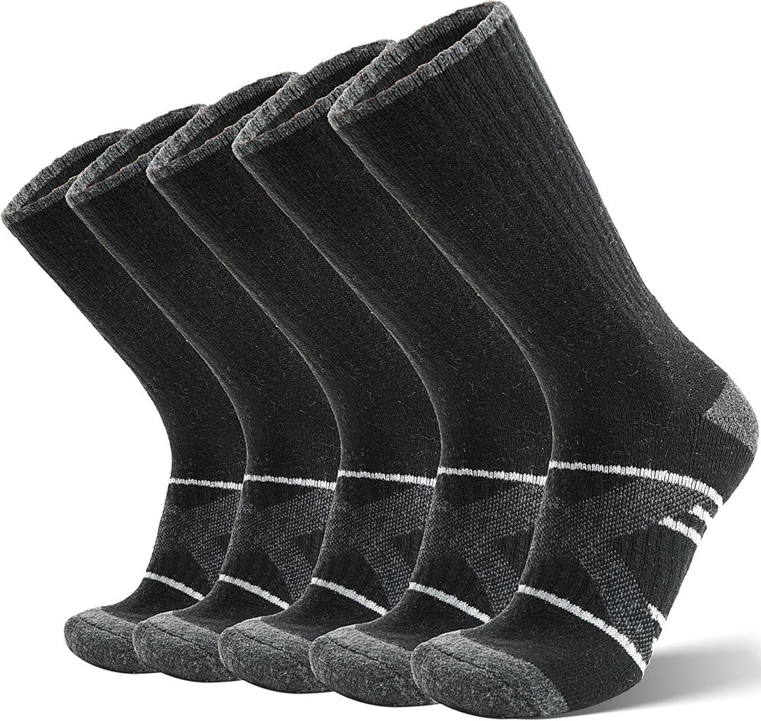 ANTSANG 5 Pairs Merino Wool Hiking Socks for Men & Women Thermal Winter Warm Moisture Wicking Cushion Boot Socks (Medium, Black)