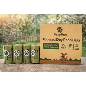 MossyPaws Biobased Dog Poop Bags 360 Count (24 Rolls) Plant-Based, Leak-Proof, Durable Eco-Friendly Pet Waste Bags with Recyclable Packaging 9x13 Inch Fits All Dispensers