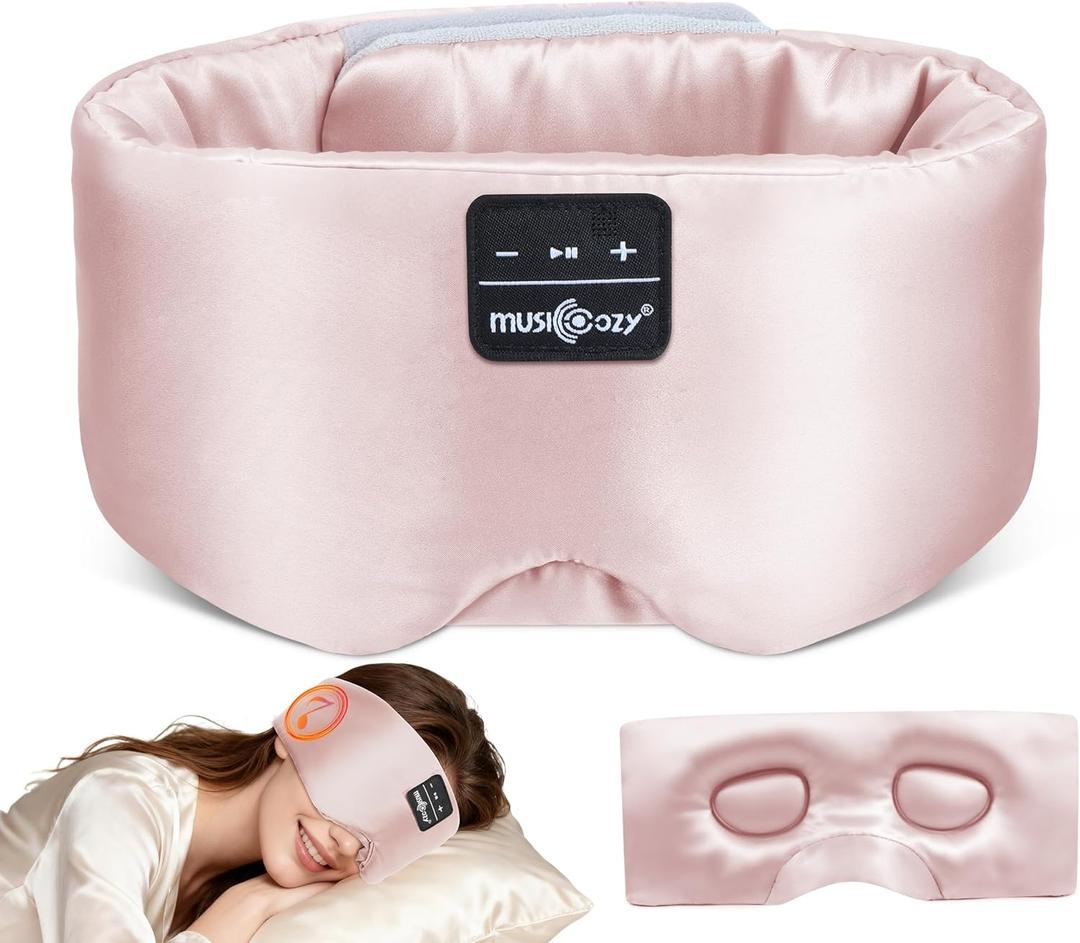 MUSICOZY 3D Silk Bluetooth Sleep Mask Headphones, Mulberry Silk Eye Mask with Ultra-Thin Wireless Speakers, Bluetooth 5.4 Sleeping Headphones for Side Sleepers, Music Sleep Mask Gifts for Men Women (Pink)