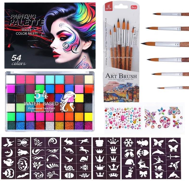 54 Color Face Painting Kit Non-Toxic Water Activated Face Paint Palette with Matte, Glitter & Colors, Brushes, Stencils & Gems for Halloween, Carnival, Parties