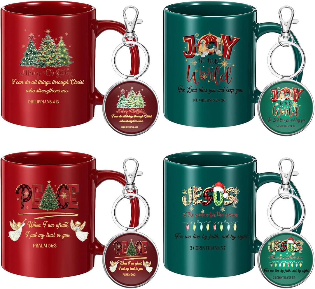 4 Sets Christian Coffee Mugs with Bible Verse Keychains Christmas Christian Gifts for Women & Men, 11oz Ceramic Scripture Coffee Cups Religious Keychains Inspirational Faith Based Church Gift