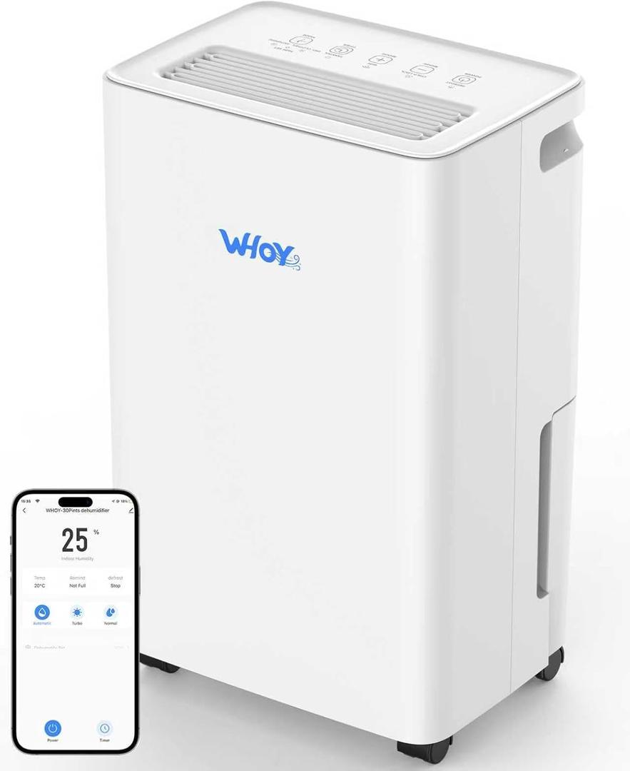 Dehumidifier for Basements, 2000 Sq. Ft., 30 Pints, Max 50 Pints 1.6L Tank, App-Controlled, With 4.9 ft Drain Hose Low noise, for Living room, Basements and Office (White)