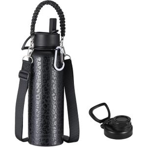 KXIAOCHEN Insulated Water Bottle, Stainless Steel Water Bottle, 2 Lids (Straw and Handle Lid),Wide Mouth Metal Water Bottles Keep Hot and Cold, Double Walled, Thermo Mug, Metal Canteen (32 Ounces, Black Leopard)