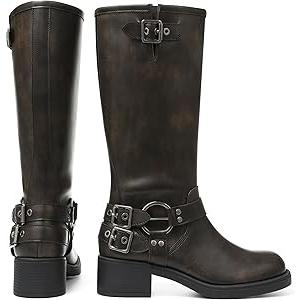 AMINUGAL Knee High Boots Women Square Toe Pull On Wide Calf Riding Fashion Buckles Chunky Metallic Casual Vintage Buckle Rivet 9