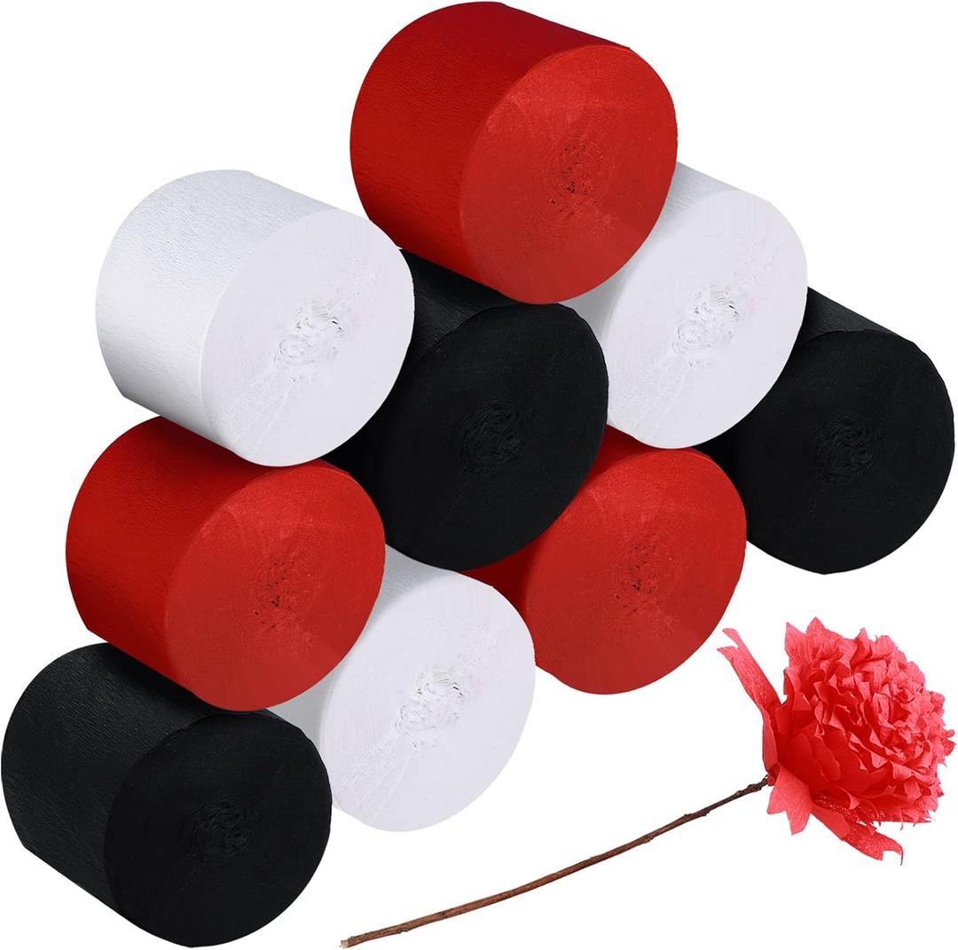 9 Rolls Crepe Paper Streamers Party Decorations 246 Yards in 3 Colors for Xmas Hanging Backdrops Party Decorations Christmas DIY Craft Supplies(Simple Style,Black, White, Red)