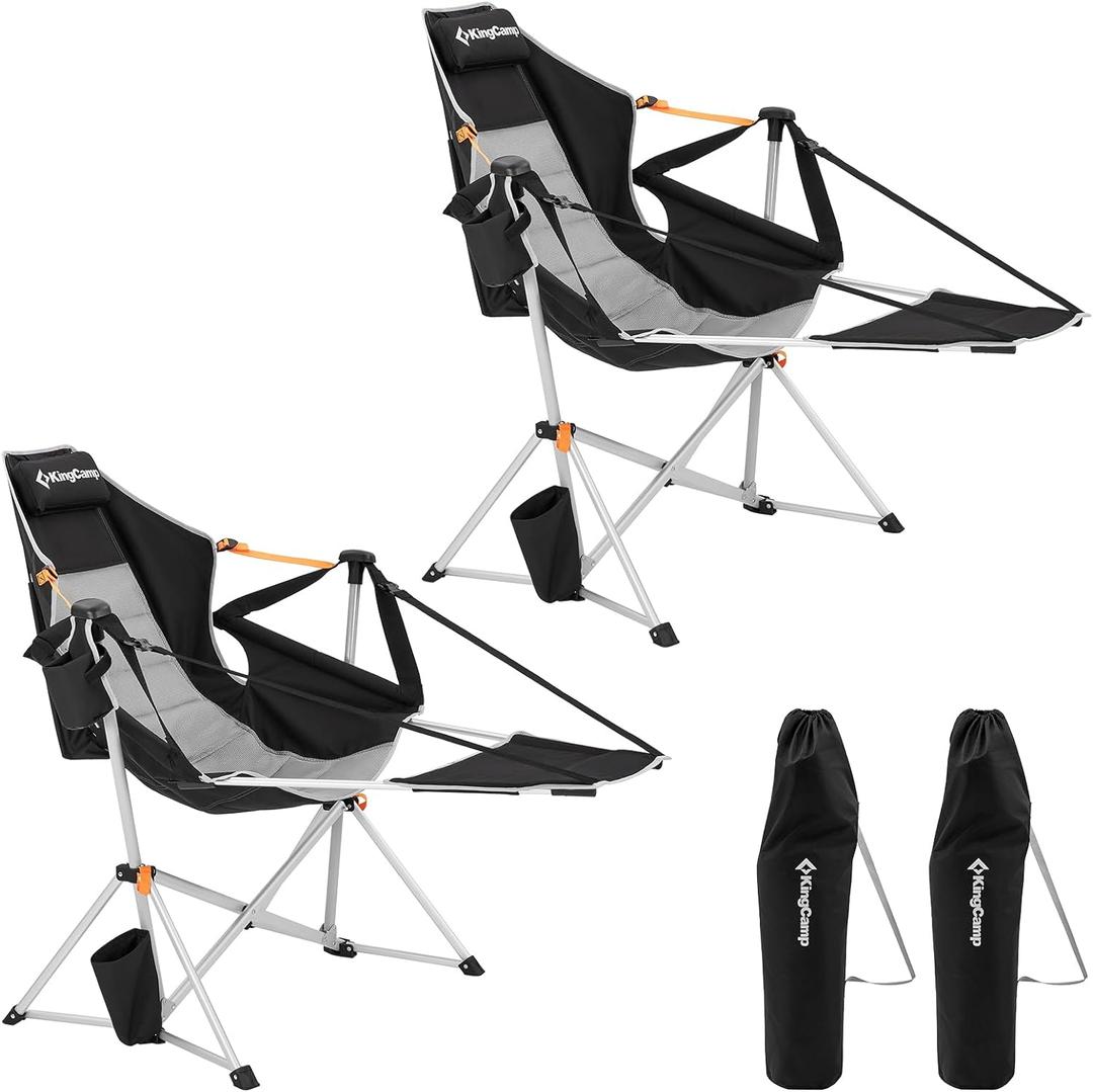 KingCamp Hammock Chair with Footrest, Swinging Portable Folding Camping Chairs for Adults 400lbs Heavy Duty Foldable Oversized Rocker with Cup Holder Pillow for Outdoor Beach Patio Sport Lawn (Footrest Deluxe Black/Grey)