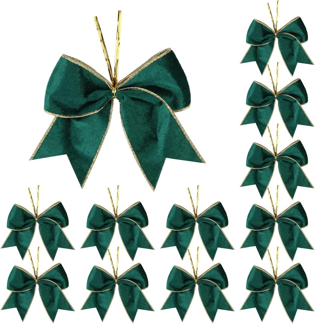 Meseey 12 Pcs 6 Inch Christmas Bow Green Velvet with Golden Edge Waterproof Wreath Bows for Xmas Garland DIY Craft Gift Wrapping Party Holiday Basket Ornaments (Green Velvet)