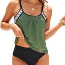 ZAFUL Two Piece Tankini Swimsuit for Women High Waisted Tummy Control Bathing Suit Double Up Tankini Set (X-Large, Armygreen)