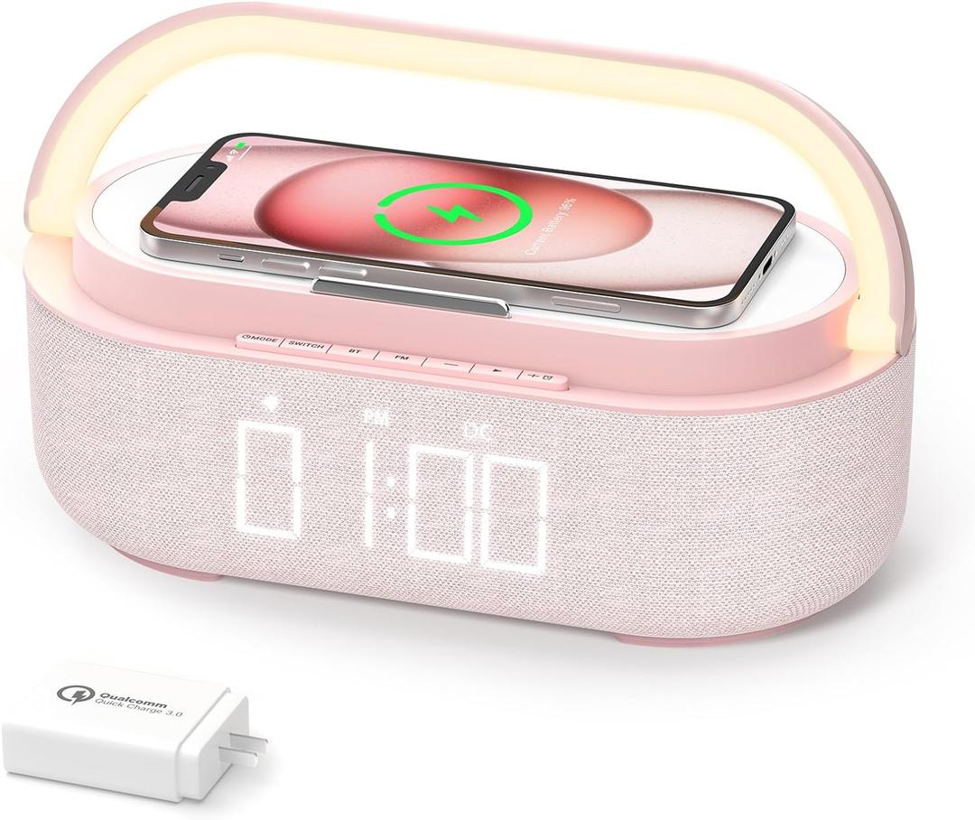 COLSUR Bluetooth Speaker with Wireless Charger, FM Radio, Dimmable LED Night Light, Dual Wireless Speakers, 2500mAh Portable Speaker for Home Decoration, Bedroom, Office, Gift (Pink)