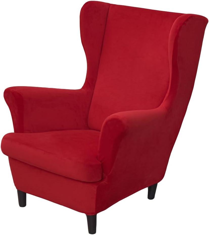 Wing Chair Slipcovers, 2 Piece Stretch Wingback Chair Cover Soft Velvet Armchair Covers with Elastic Bottom for Living Room Bedroom (Red)