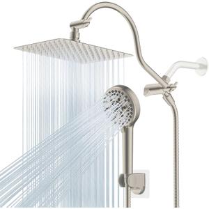 Hibbent All Metal Shower Head, 10'' High Pressure Rainfall Shower Head/Handheld Showerhead Combo/ 12'' Adjustable Curved Shower Extension Arm, 10-Spray, 71'' Hose, Showerhead Holder, Brushed Nickel