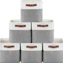 6-Pack Foldable Fabric Storage Cubes 11x11 Inch, Sturdy Cube Organizer Bins with Leather Handles, Storage Baskets for Closet Shelves and Home Organization(White/Gray)