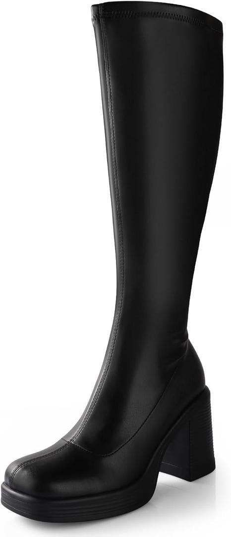 Ankis Knee High Boots Platform Boots for Women Chunky Heel Side Zipper Long GOGO Boots (9.5, Black Pu)