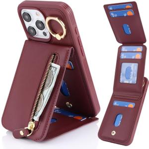 3 x for iPhone 15 pro Case with Card Holder for Women, for iPhone 15 pro Phone Case Wallet with Strap Credit Card with Kickstand Zipper Case - Red Wine