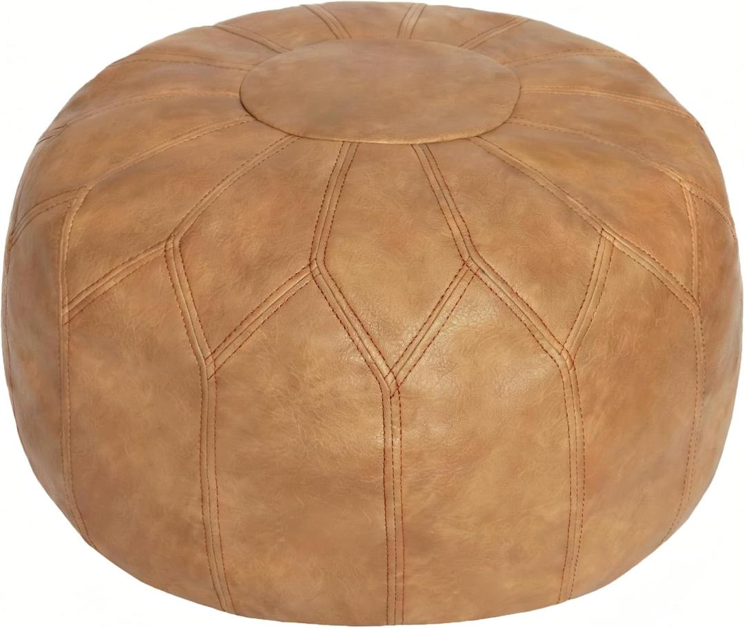 Thgonwid Unstuffed Moroccan Faux Leather Pouf Ottoman with Storage - Handmade Boho Chic Multi-Use Footrest for Living Room, Bedroom, Patio - Round Ethnic Floor Cushion & Decorative Accent, Khaki