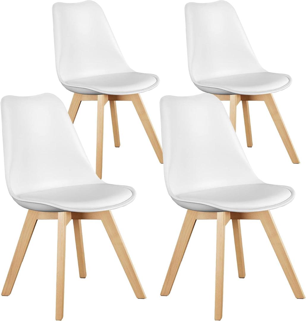 Sweetcrispy Dining Chairs Set of 4, Kitchen Room PU Leather Mid Century Modern Chairs, Upholstered Dining Desk Chairs with Wood Legs for Home Office, White
