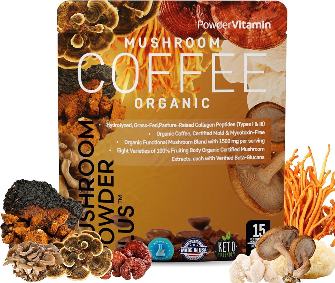 PowderVitamin Organic Mushroom Coffee Certified Mold & Mycotoxin Free GrassFed Collagen Types I & III 8 Fruiting Body Mushrooms Tested for BetaGlucans Focus Energy Digestion & Immunity 15 Servings