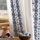 NICETOWN Boho Curtains with Navy Blue Trim 84" Long 2 Panels, Embroidered Cream Linen Textured Geometric Drapes with Antique Bronze Grommets, Light Filtering Window Treatment for Living Room & Nursery