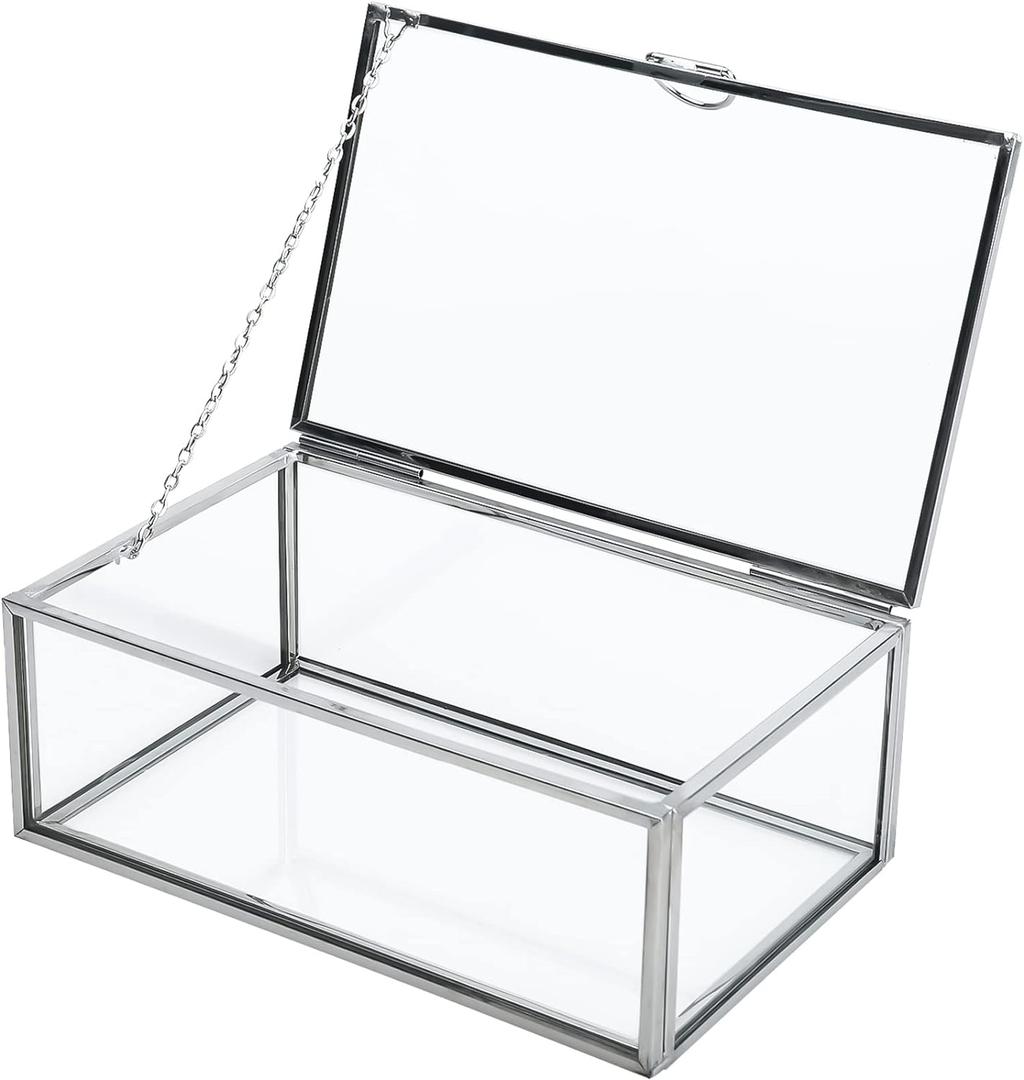 HighFree Vintage Glass Box with Lid - Clear Jewelry Glass Display Box Keepsake Box - Home Decor Decorative Box for Trinket Rings Bracelet (Silver, X-Small)