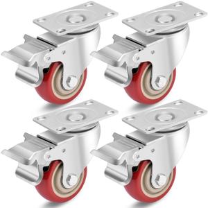 3 Inch Industrial Heavy Duty Swivel Caster Wheels with Brake,Set of 4 Safety Locking Casters,Load 1600lbs,Premium Polyurethane Wheels for Table,Trailer,Saw Table,Stage Toolbox,Bed,Corn Board (Red)