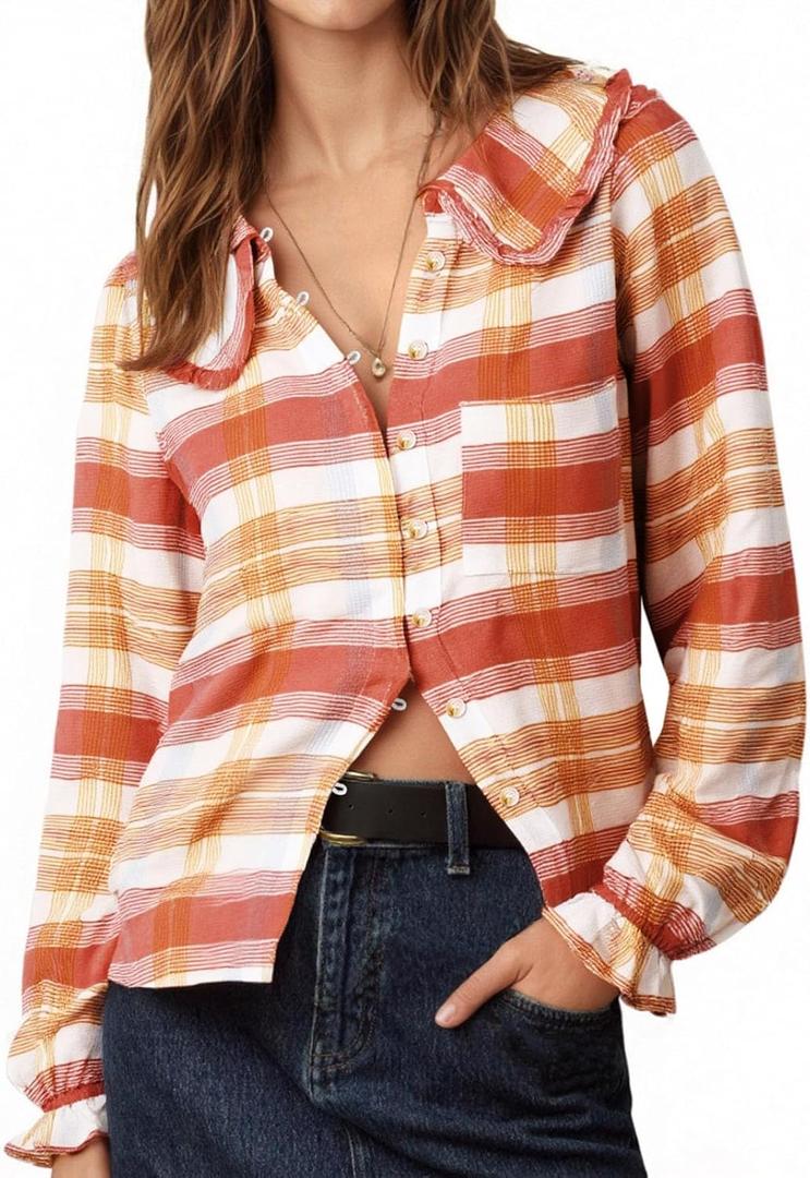 Tankaneo Womens Peter Pan Collar Button Down Shirts Long Sleeve Plaid Blouse Dressy Casual Fall Tops (S)