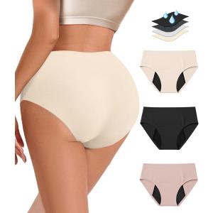 Period Underwear for Women Heavy Flow - Seamless High Waisted Leakproof Absorbent Briefs 3 Pack (XX-Large, Black+khaki+pink)