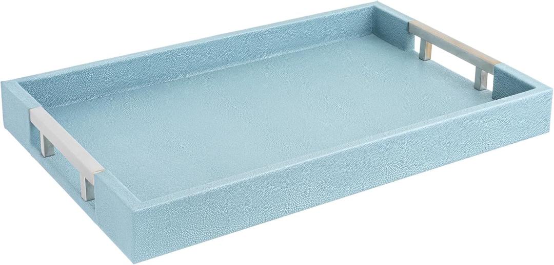 Modern Elegant 18"x12" Rectangle Baby Light Blue Glossy Shagreen Faux Leather Decorative Tray Ottoman Coffee Table Perfume Living Room Kitchen Serving Tray with Silver Metal Handles by Home Redefined