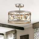 Farmhouse Ceiling Light Fixture, Drum Round Modern Semi Flush Mount Ceiling Light for Kitchen Bedroom Dining Living Room, 13" Metal Nickel and Wood Grain Chandeliers