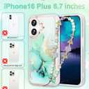 Compatible with iPhone 16 Plus Case for Women Girls, Slim Fit Girly Phone Case for iPhone 16 Plus with Butterfly Phone Charm Lanyard Wrist Strap, Shockproof Hard Case 6.7 Inch Marble Green