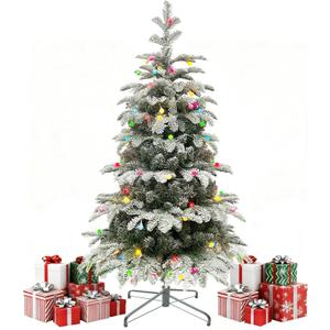 4ft Flocked Christmas Tree Prelit, Lighted Aspen Fir Christmas Tree with Multicolor Global Lights and Metal Stand, Slim PE & PVC Mixed Layered Flocked Xmas Tree for Holiday Home Decor
