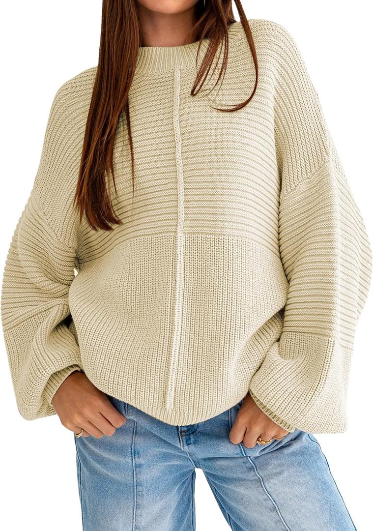 Famulily Womens Long Batwing Sleeve Oversized Pullover Sweater Ribbed Knit Tunic Sweater (Small, Beige)