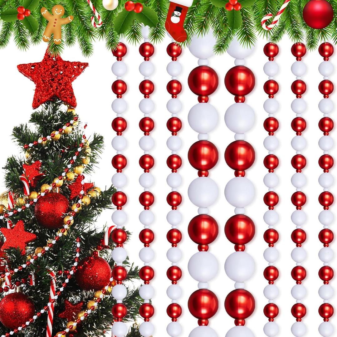 Huwena 4 Pcs 10 ft Christmas Bead Garland for Christmas Tree Decorations Acrylic Beaded Garland for Tree Fireplace DIY Ornament Holiday Party Indoor Wedding Decorations(Red, White)