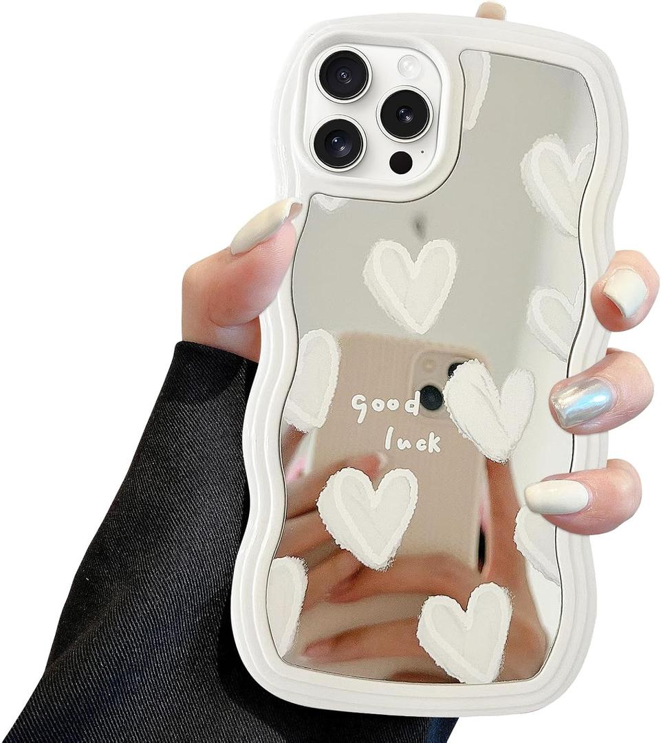 Jusy Compatible with iPhone 12 Pro Case with Wavy Edge, Cute White Heart Mirror Curly Phone Cases, Shockproof Hard PC & Soft TPU Bumper Protection Cover for Women Girls