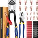 haisstronica Heavy Duty Battery Cable Crimping Tool Kit-Ratchet Hex Extended Handle Crimper for 8,6,4,2,1,1/0 AWG Copper Lugs with Cable Cutter, 32PCS Copper Lugs&Heat Shrink Tubing