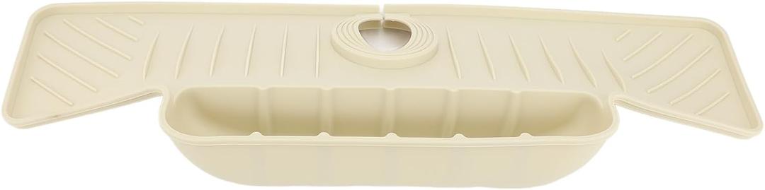 17.9x4.4inch Sink Splash Guard Mat, Silicone Faucet Mat, Kitchen Sink Faucet Handle Drip Catcher Tray Mat Protectors with Storage Basket, Fast Drying Draining Mat for Kitchen (Beige)
