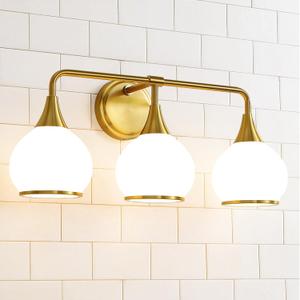 Brushed Gold Bathroom Light Fixtures 3-Lights Vanity Lights with Milky White Frosted Glass Shade Bathroom Vanity Light 22.4 inch Wall Sconce Lighting Bath(Exclude E26 Bulb)