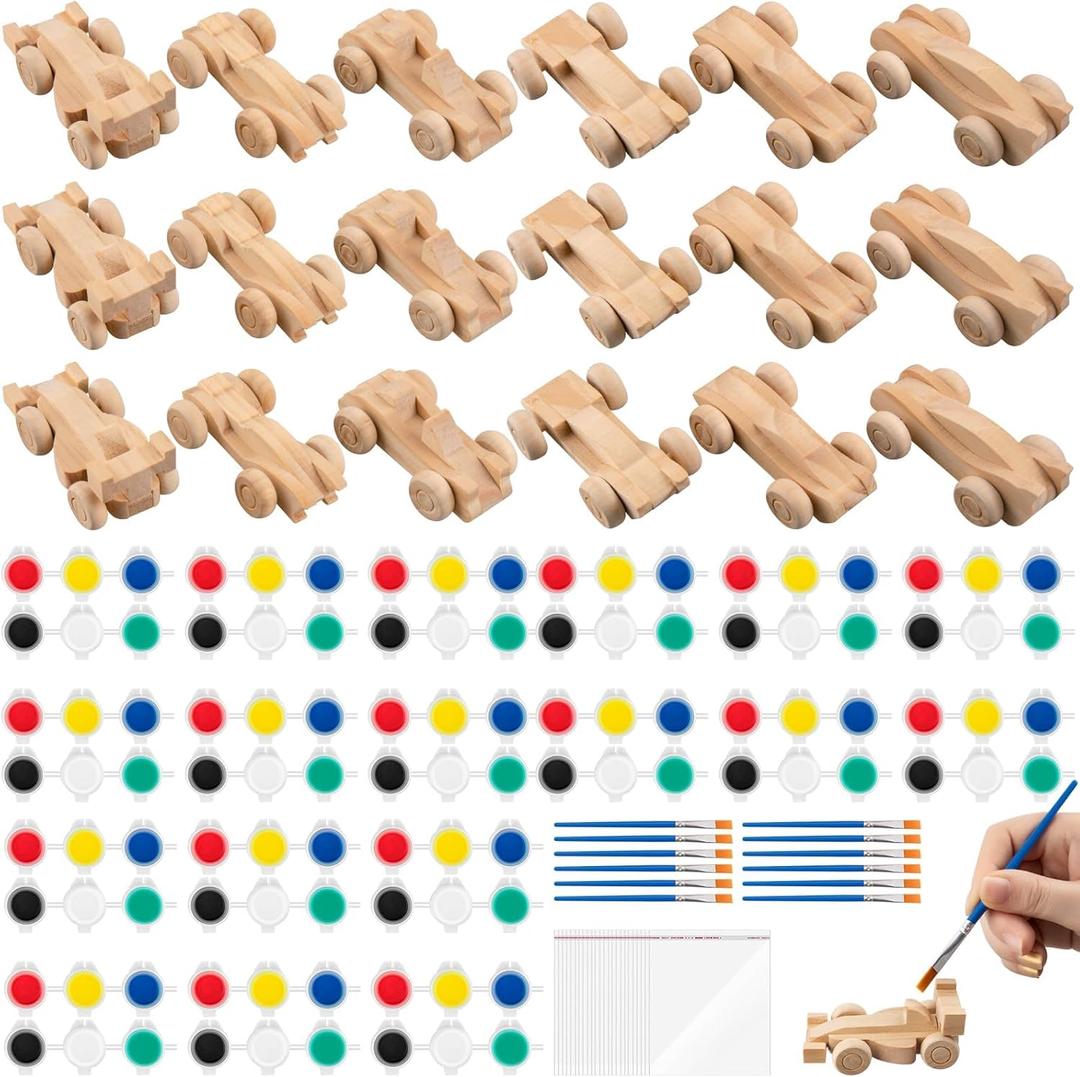 Moonld 24 Sets Race Car Party Favors Craft Kits Unfinished Wooden Cars Car DIY Paintable Cars Crafts to Paint for Race Car Party Favors Gifts Classroom Party Activity