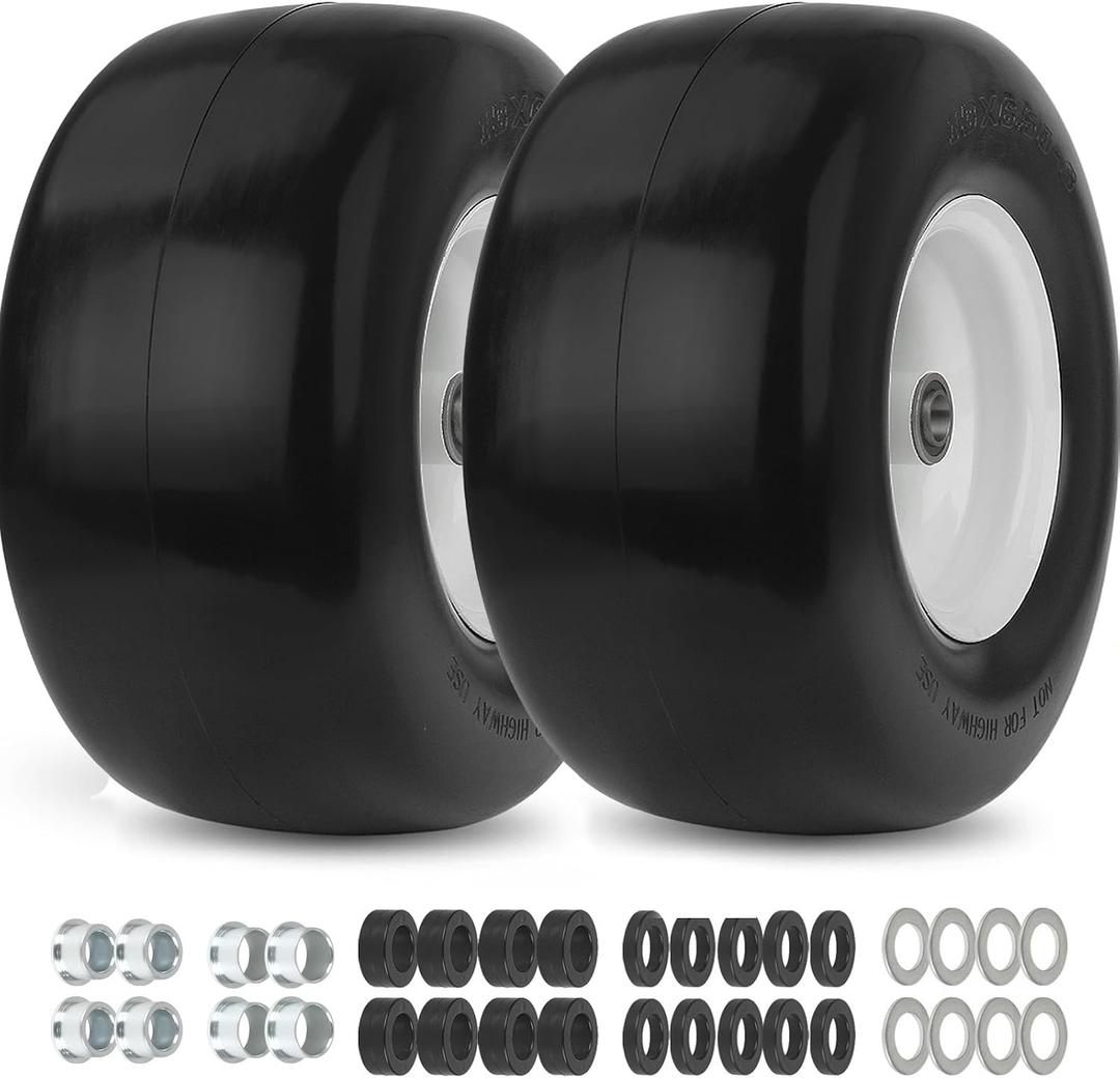 GICOOL 2 Pack, 13x6.50-6 Flat Free Lawn Mower Tire and Wheel, with 3/4" & 5/8" Bearing, 4"-6.5" Centered Hub, Smooth Tread Zero Turn Mower Front Tire Assembly, for Lawnmower Garden Tractor